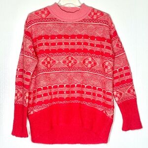 ODEEH Red Patterned Women's Crew Neck Sweater